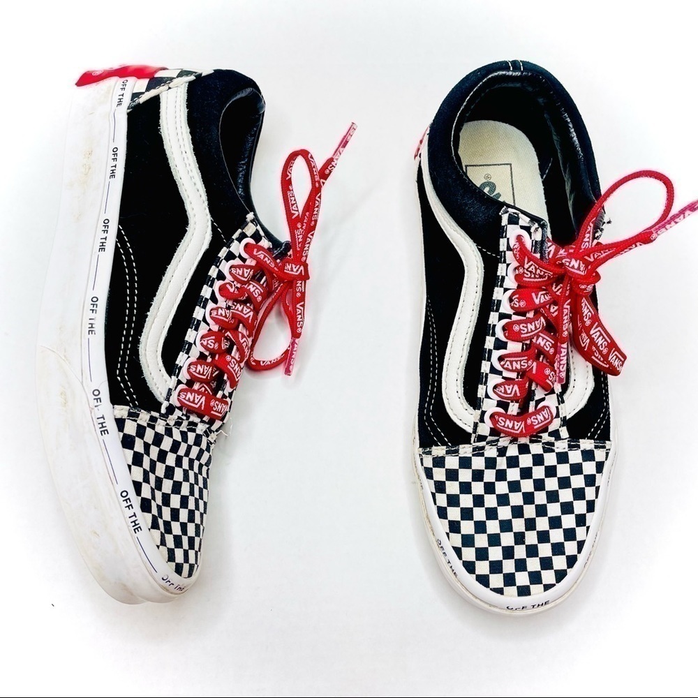 Vans Old Skool Black Suede & Checkerboard Disarray Sneakers with Red Laces